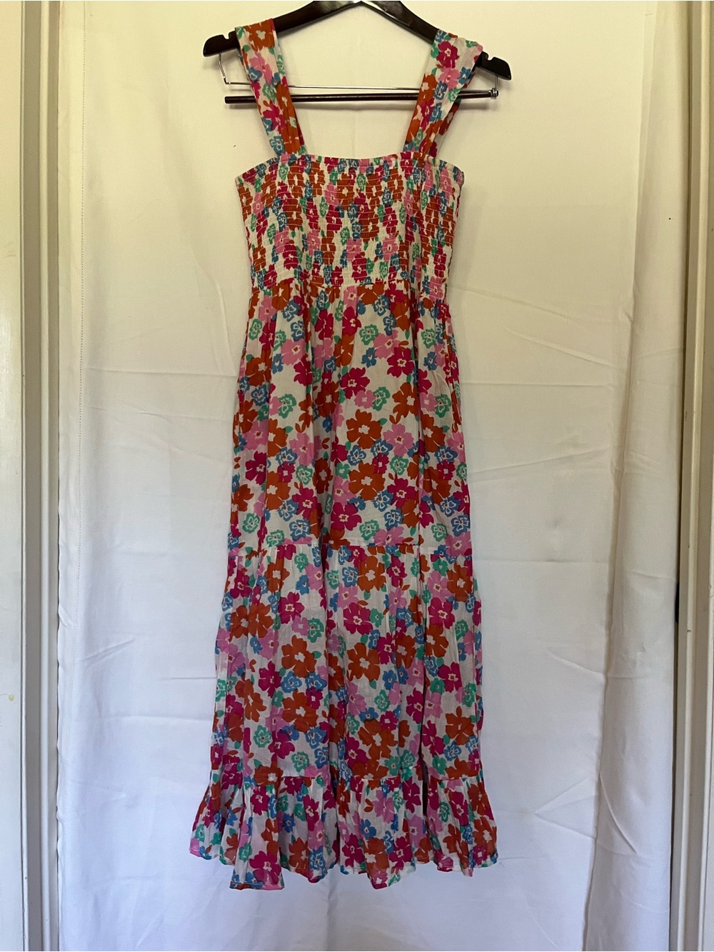 THML Pastel Multi-Color Shirred Dress with Floral Trim